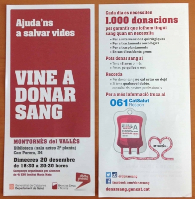 Flyer de la campanya de donació de sang fet per l'alumnat de 4t d'ESO de l'Institut Marta Mata