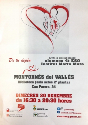 Cartell de la campanya de donació de sang fet per l'alumnat de 4t d'ESO de l'Institut Marta Mata