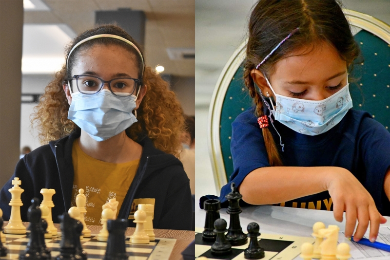 Les escaquistes Adahara Carrasco (esquerra) i Núria Linares (dreta). (imatges: Federació Catalana d'Escacs i Club d'Escacs Montornès)