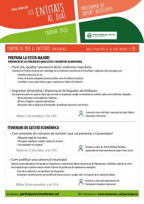 Cartell de les formacions de "Les entitats al dia" de la tardor de 2026.