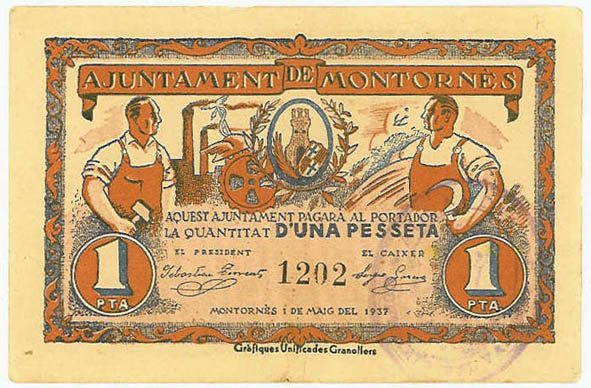 Anvers del paper moneda d'una pesseta, editat per l'Ajuntament (1937)