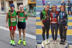 A l'esquerra, Javier Pizarro i Antonio Padilla. A la dreta, Laia Farré al segon calaix del podi. (Imatges: Club Atletisme Montornès)