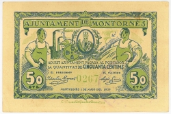 El bitllet de mitja pesseta fa 70x105mm. L'anvers està imprès en blau i verd  i inclou un tampó violeta ovalat que diu "Alcaldia de Montornès".