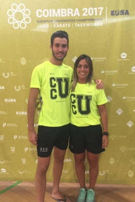 Naiara Moreno i Xavier Talavera del Club Karate Montornès al Campionat d'Europa Universitari (Font: Xavier Talavera)