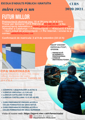 Cartell de les preinscripcions per al CFA Marinada 2020-21