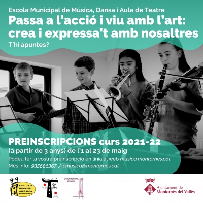 Imatge promocional de les preinscripcions de l'Escola Municipal de Música, Dansa i Aula de Teatre