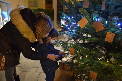 Els infants i les seves famílies van poder penjar desitjos a l'arbre de Nadal de la plaça de la República.