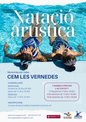 Cartell informatiu sobre els cursos i portes obertes de natació artística.