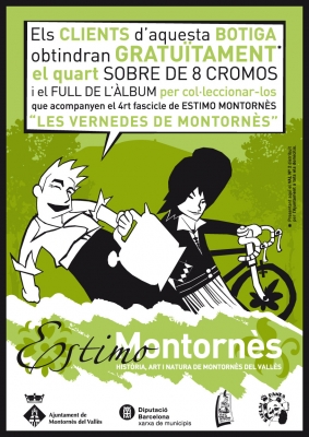 Cartell identificatiu de les botigues col·laboradoes associades a la Unió de Botiguers, on es poden trobar els cromos de la col·lecció