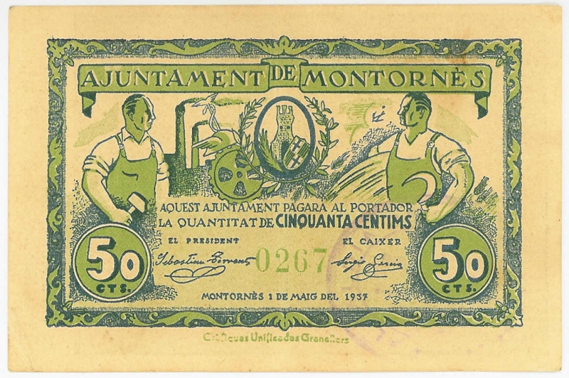 El bitllet de mitja pesseta fa 70x105mm. L'anvers està imprès en blau i verd  i inclou un tampó violeta ovalat que diu "Alcaldia de Montornès".