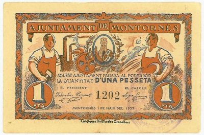El bitllet de pesseta fa 75x113mm. La impressió combina el blau i el taronja, i també incorpora el tampó de l'alcaldia de Montornès