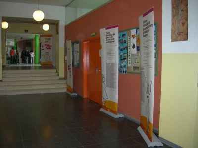 Plafons informatius de l'exposició al vestíbul de l'IES Vinyes Velles